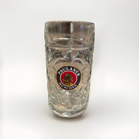 Paulaner Munchen Large Beer Stein Mug Dimpled Glass Handle Logo Breweriana - Picture 1 of 11